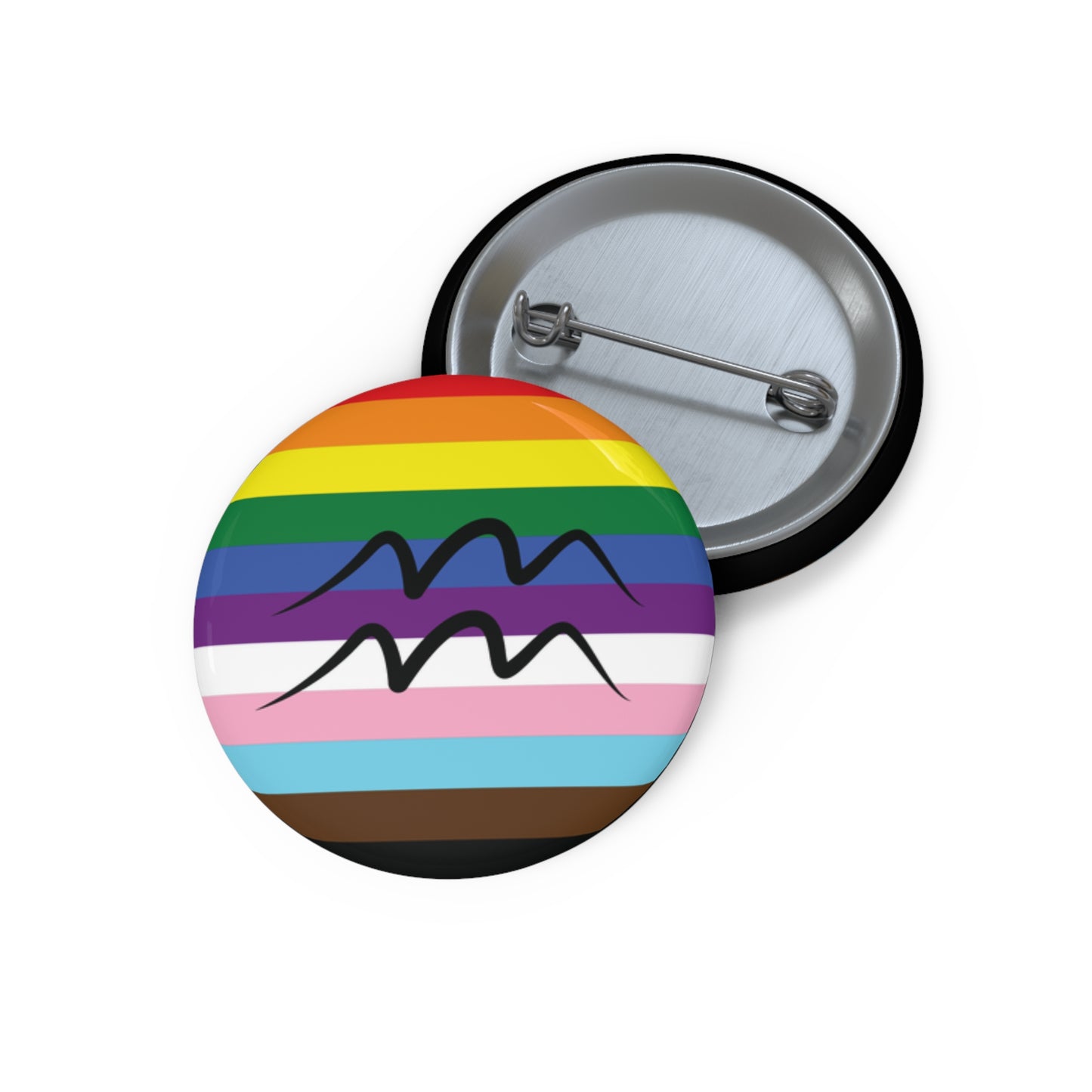 Front and back view of a circular progress pride flag button featuring the Aquarius zodiac symbol in black centered on the front.