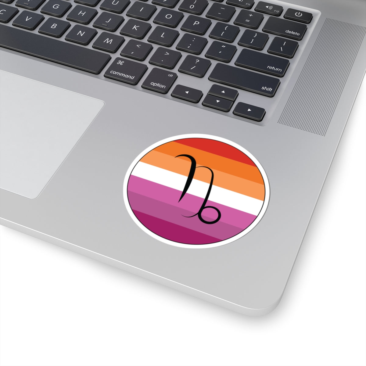 Close-up of the bottom right corner of a silver laptop featuring a 3 inch by 3 inch circular zodiac sticker with a centered Capricorn glyph on a Lesbian pride flag style background applied to the surface.