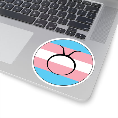 Close-up of the bottom right corner of a silver laptop featuring a 4 inch by 4 inch circular zodiac sticker with a centered Taurus glyph on a Transgender pride flag style background applied to the surface.