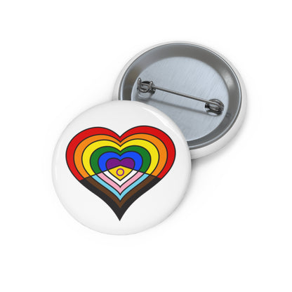 Front and back view of a white circular button with a heart-shaped Intersex-Inclusive progress flag image. The button is shown on a white background.