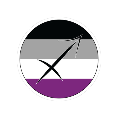 Circular asexual pride flag zodiac sticker with a thin black outline and white sticker border, featuring a centered black Sagittarius zodiac glyph. The sticker is shown on a white background.