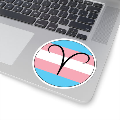 Close-up of the bottom right corner of a silver laptop featuring a 4 inch by 4 inch circular zodiac sticker with a centered Aires glyph on a Transgender pride flag style background applied to the surface.