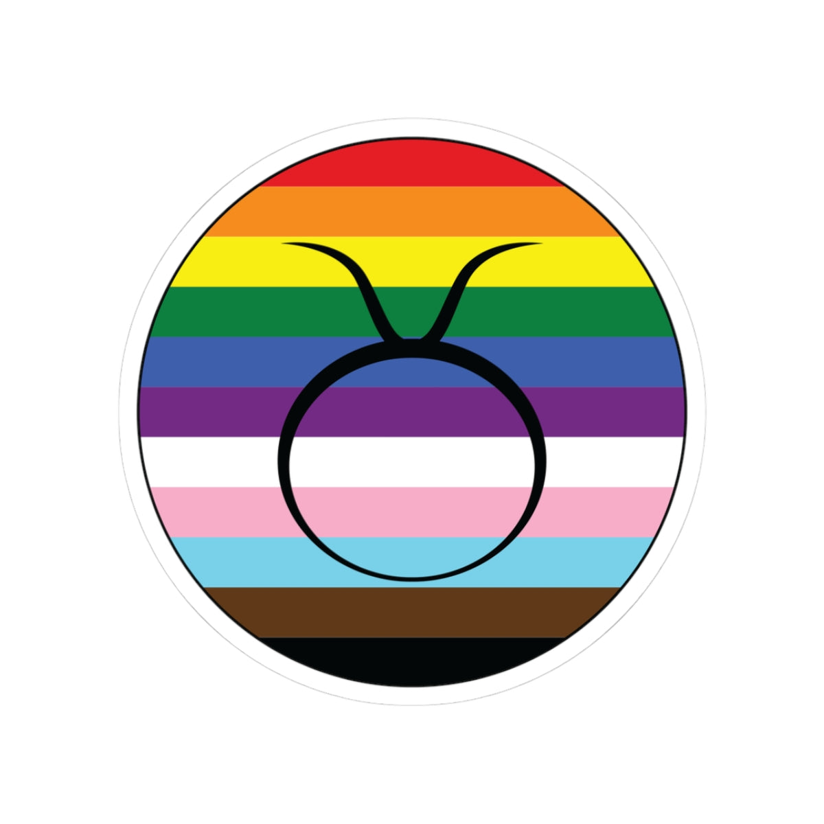 Circular progress pride flag zodiac sticker with a thin black outline and white sticker border, featuring a centered black Taurus zodiac glyph. The sticker is shown on a white background.