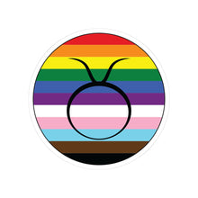 Circular progress pride flag zodiac sticker with a thin black outline and white sticker border, featuring a centered black Taurus zodiac glyph. The sticker is shown on a white background.