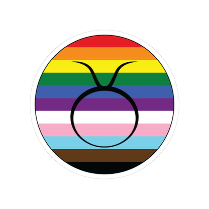 Circular progress pride flag zodiac sticker with a thin black outline and white sticker border, featuring a centered black Taurus zodiac glyph. The sticker is shown on a white background.