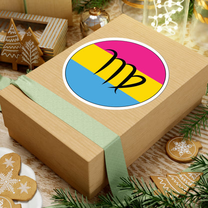 Gift box with a green ribbon on a festive background with cookies and Christmas decorations. Virgo Pansexual pride sticker centered on the box.