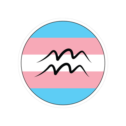 Circular transgender pride flag zodiac sticker with a thin black outline and white sticker border, featuring a centered black Aquarius zodiac glyph. The sticker is shown on a white background.