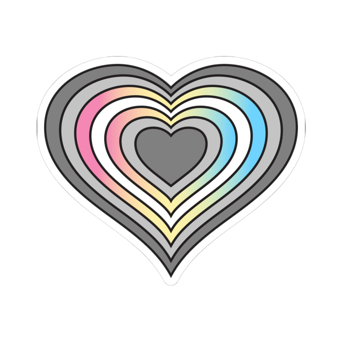 Heart-shaped demifluid pride flag sticker featuring nested heart stripes in dark gray, light gray, white, pink, purple, blue, and yellow outlined with a thin black border and a white sticker border. The sticker is shown on a white background.