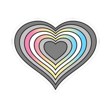 Heart-shaped demifluid pride flag sticker featuring nested heart stripes in dark gray, light gray, white, pink, purple, blue, and yellow outlined with a thin black border and a white sticker border. The sticker is shown on a white background.