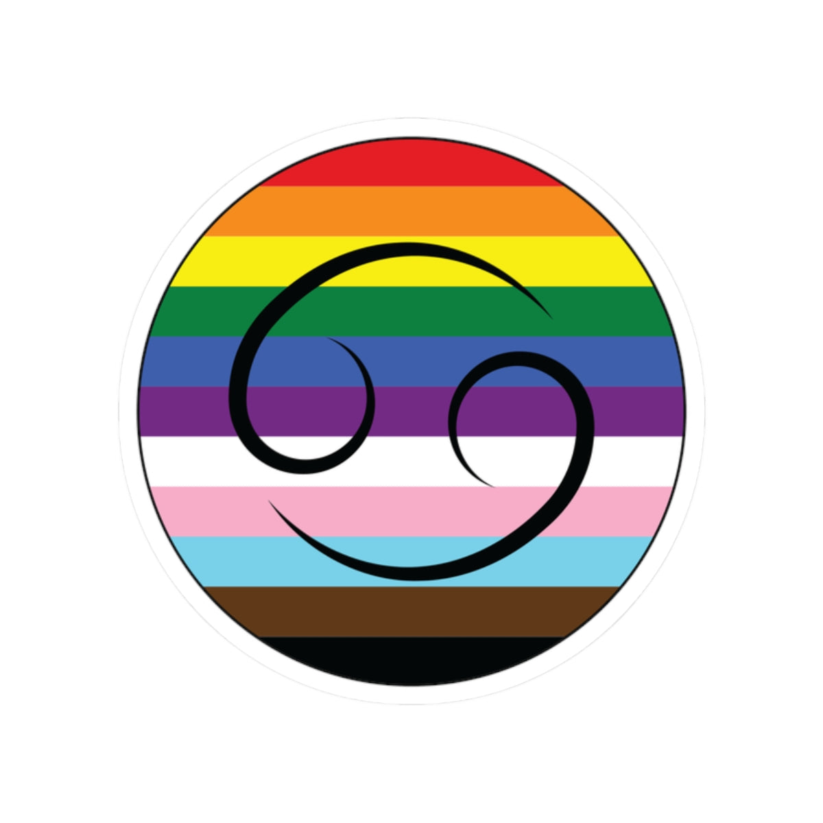 Circular Cancer pride sticker featuring the Progress pride flag filling the circle with a thin black border and a black Cancer symbol centered in the design. A white sticker border surrounds the design and the sticker is displayed on a white background.