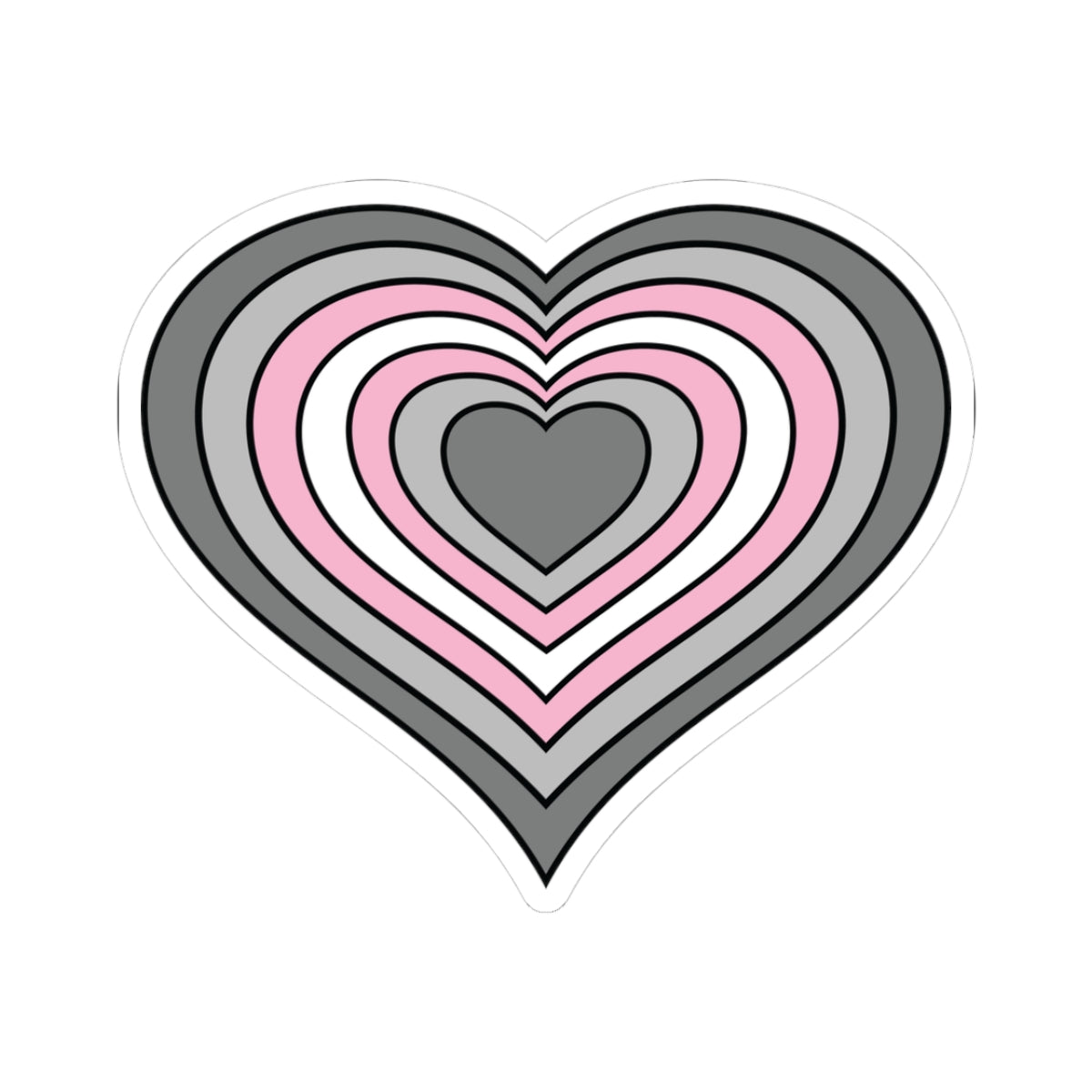 Heart-shaped demigirl pride flag sticker featuring nested heart stripes in dark gray, light gray, pink, and white outlined with a thin black border and a white sticker border. The sticker is shown on a white background.