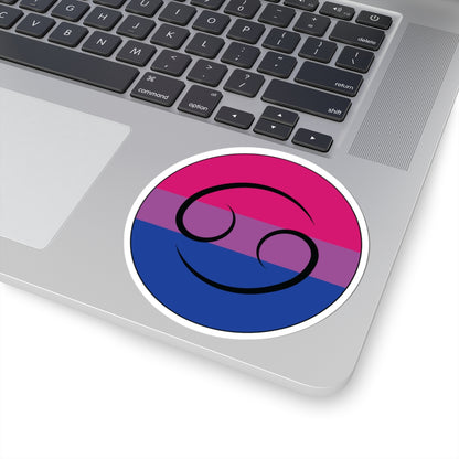 Close-up of the bottom right corner of a silver laptop featuring a 3 inch by 3 inch circular zodiac sticker with a centered Cancer glyph on a bisexual pride flag style background applied to the surface.