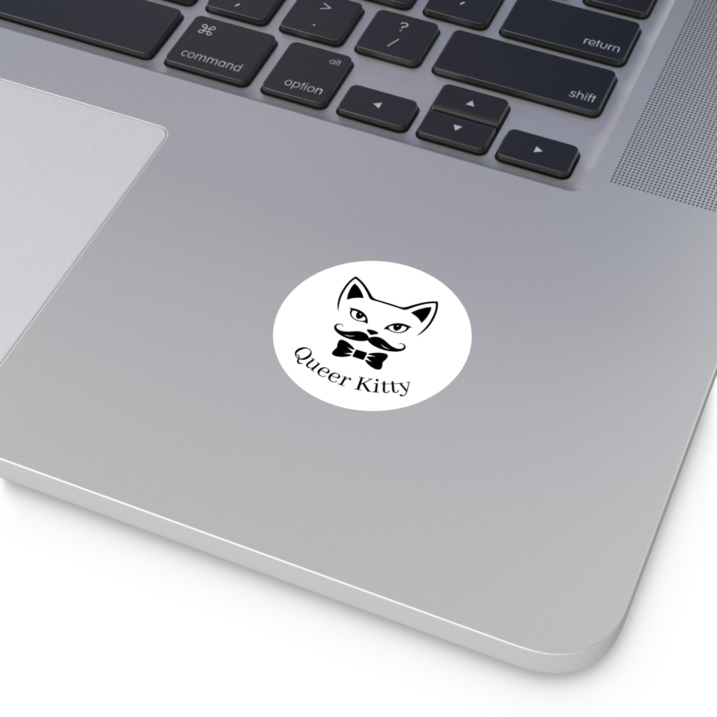 Laptop with a 'Queer Kitty' sticker on the palm rest area.