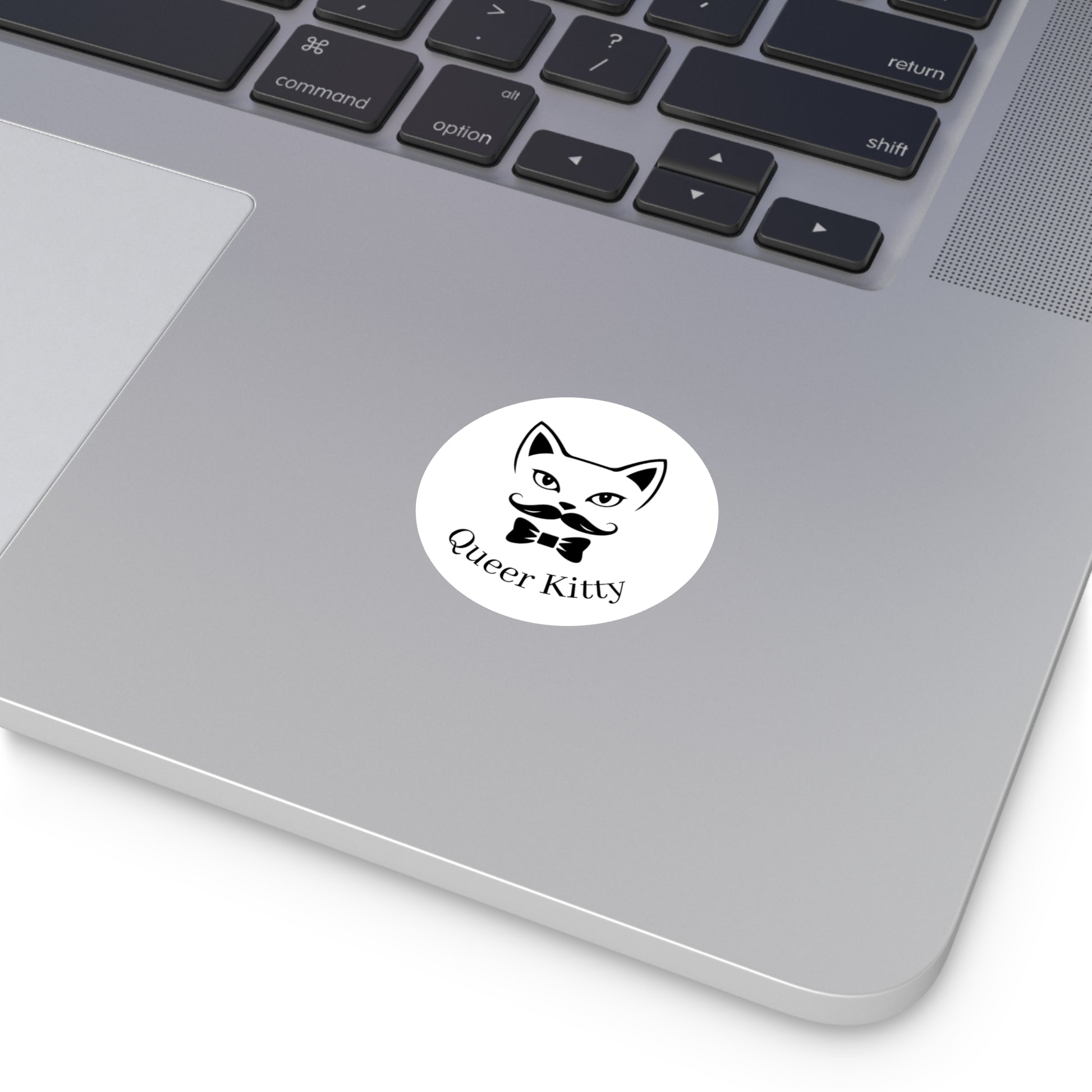 Laptop with a 'Queer Kitty' sticker on the palm rest area.