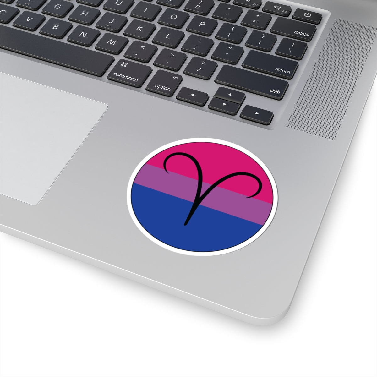 Close-up of the bottom right corner of a silver laptop featuring a 3 inch by 3 inch circular zodiac sticker with a centered Aires glyph on a Bisexual pride flag style background applied to the surface.