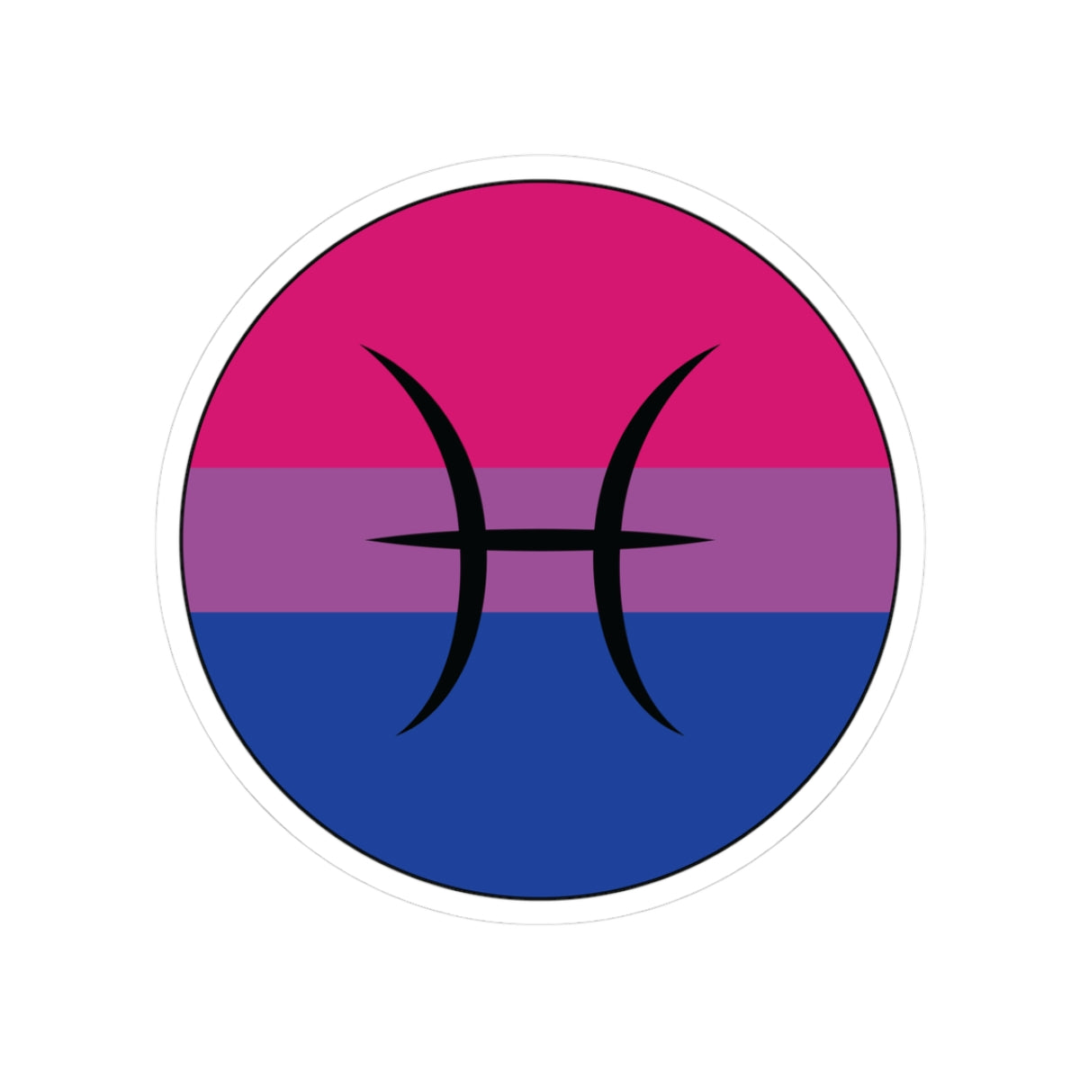 Circular bisexual pride flag zodiac sticker with a thin black outline and white sticker border, featuring a centered black Pisces zodiac glyph. The sticker is shown on a white background.