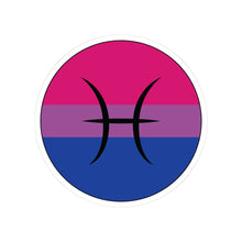 Circular bisexual pride flag zodiac sticker with a thin black outline and white sticker border, featuring a centered black Pisces zodiac glyph. The sticker is shown on a white background.