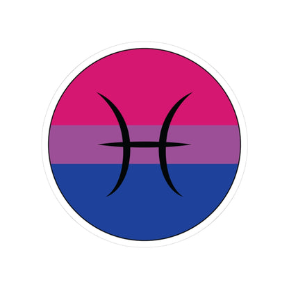 Circular bisexual pride flag zodiac sticker with a thin black outline and white sticker border, featuring a centered black Pisces zodiac glyph. The sticker is shown on a white background.