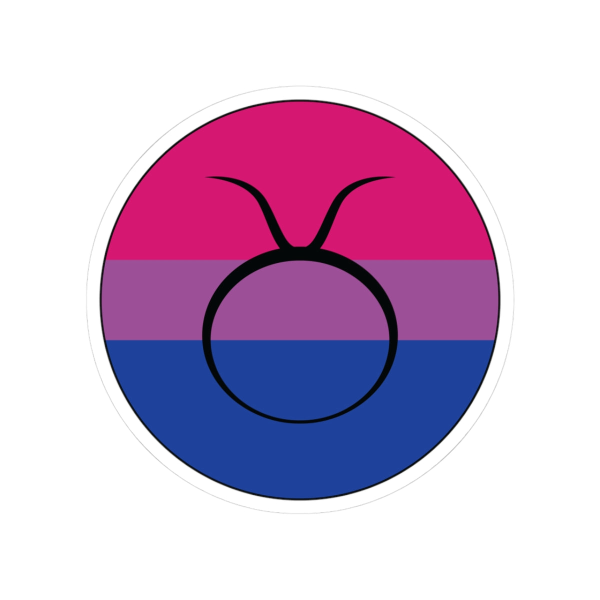 Circular bisexual pride flag zodiac sticker with a thin black outline and white sticker border, featuring a centered black Taurus zodiac glyph. The sticker is shown on a white background.