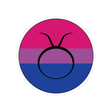 Circular bisexual pride flag zodiac sticker with a thin black outline and white sticker border, featuring a centered black Taurus zodiac glyph. The sticker is shown on a white background.