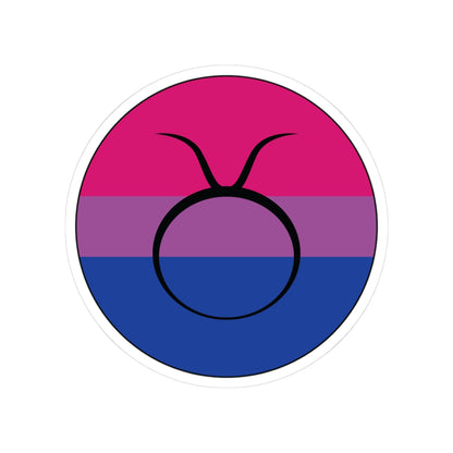 Circular bisexual pride flag zodiac sticker with a thin black outline and white sticker border, featuring a centered black Taurus zodiac glyph. The sticker is shown on a white background.