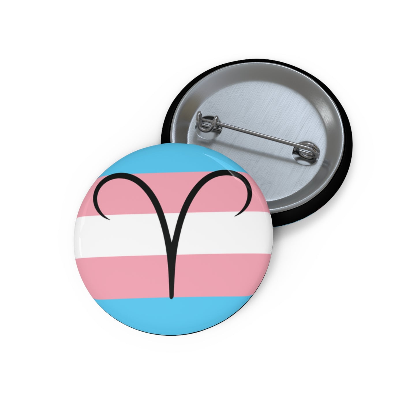 Front and back view of a circular transgender pride flag button featuring the Aries zodiac symbol in black centered on the front.
