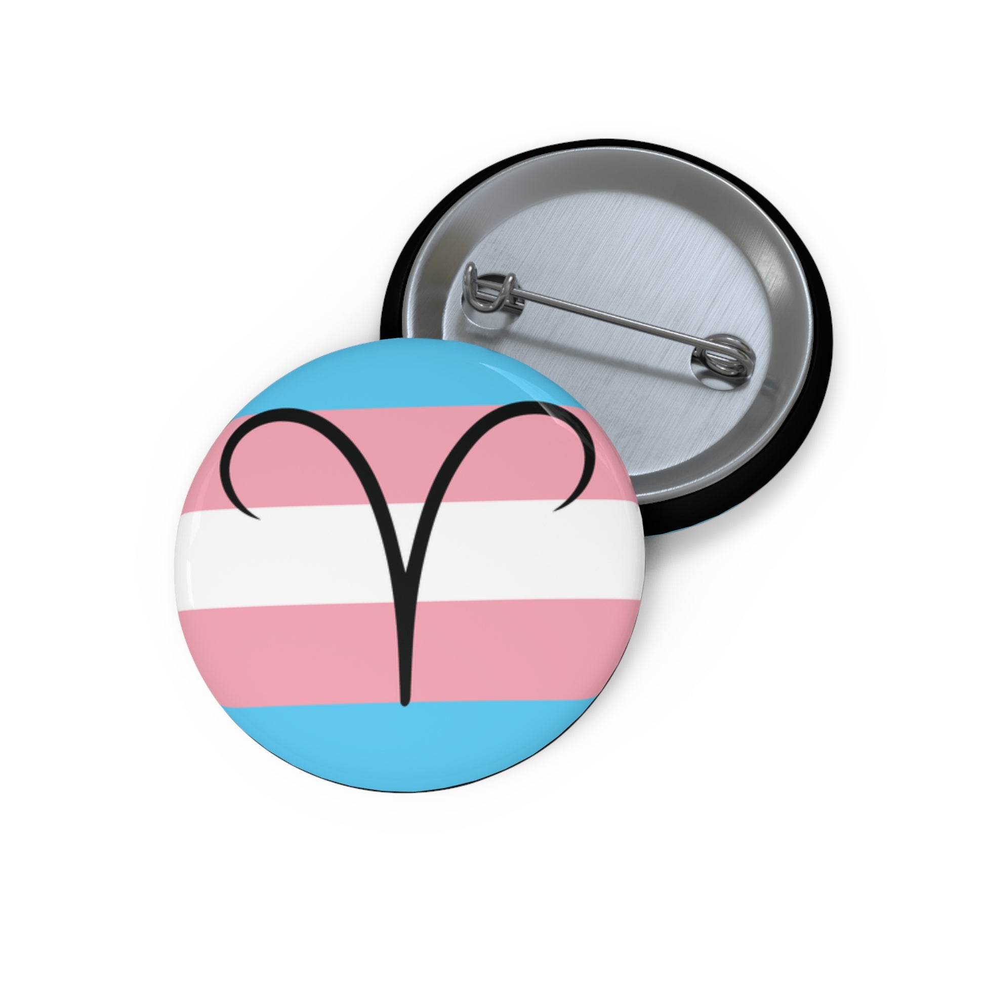 Front and back view of a circular transgender pride flag button featuring the Aries zodiac symbol in black centered on the front.