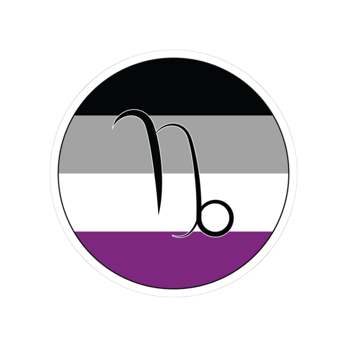Circular asexual pride flag zodiac sticker with a thin black outline and white sticker border, featuring a centered black Capricorn zodiac glyph. The sticker is shown on a white background.