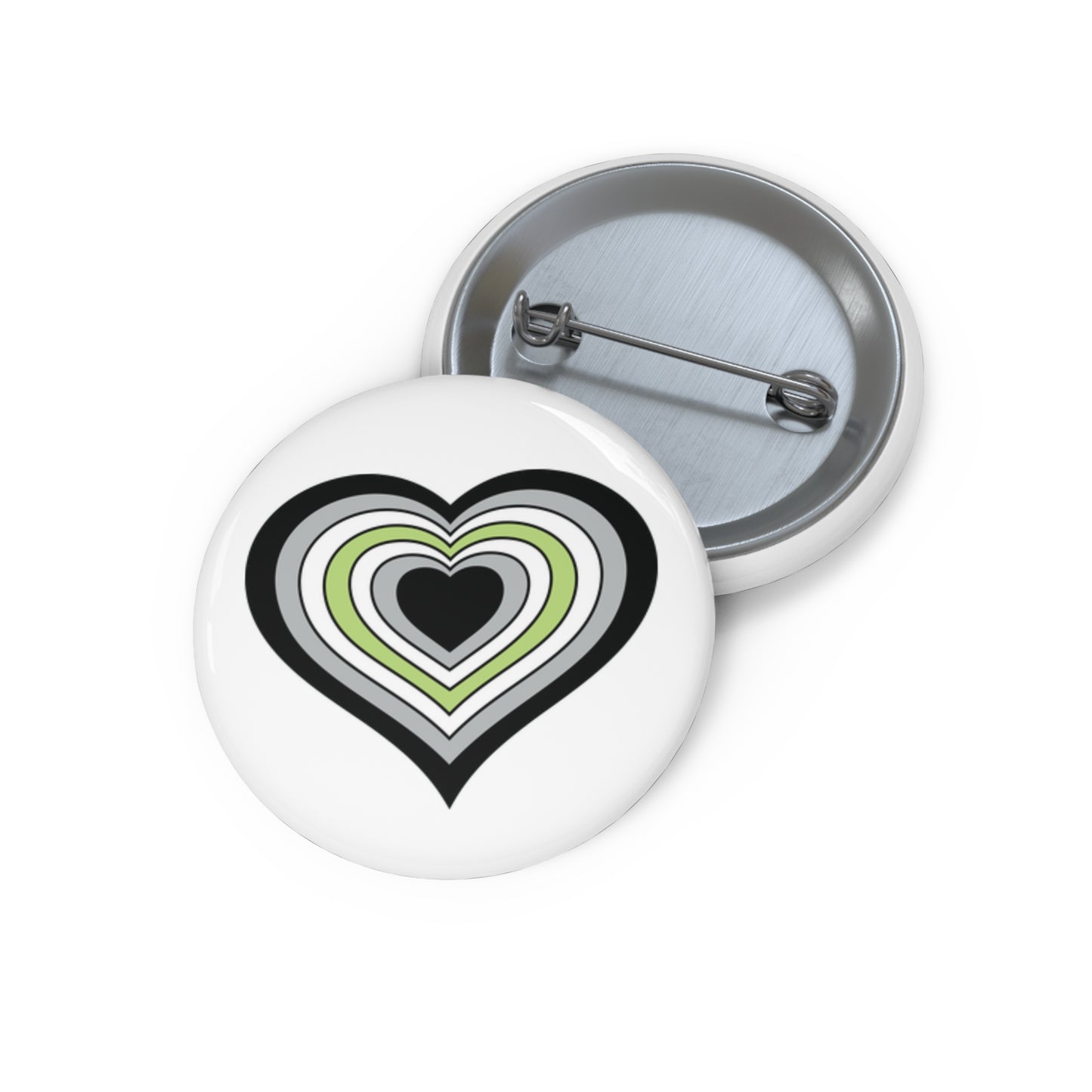 Front and back view of a white circular button with a heart-shaped agender flag image. The button is shown on a white background.