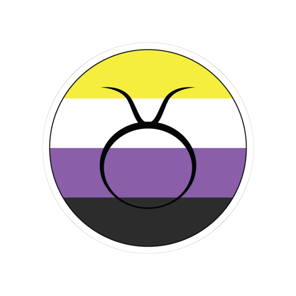 Circular nonbinary pride flag zodiac sticker with a thin black outline and white sticker border, featuring a centered black Taurus zodiac glyph. The sticker is shown on a white background.