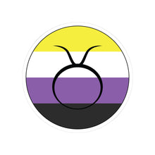 Circular nonbinary pride flag zodiac sticker with a thin black outline and white sticker border, featuring a centered black Taurus zodiac glyph. The sticker is shown on a white background.