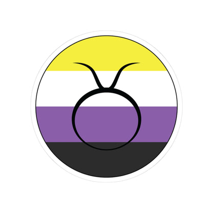 Circular nonbinary pride flag zodiac sticker with a thin black outline and white sticker border, featuring a centered black Taurus zodiac glyph. The sticker is shown on a white background.