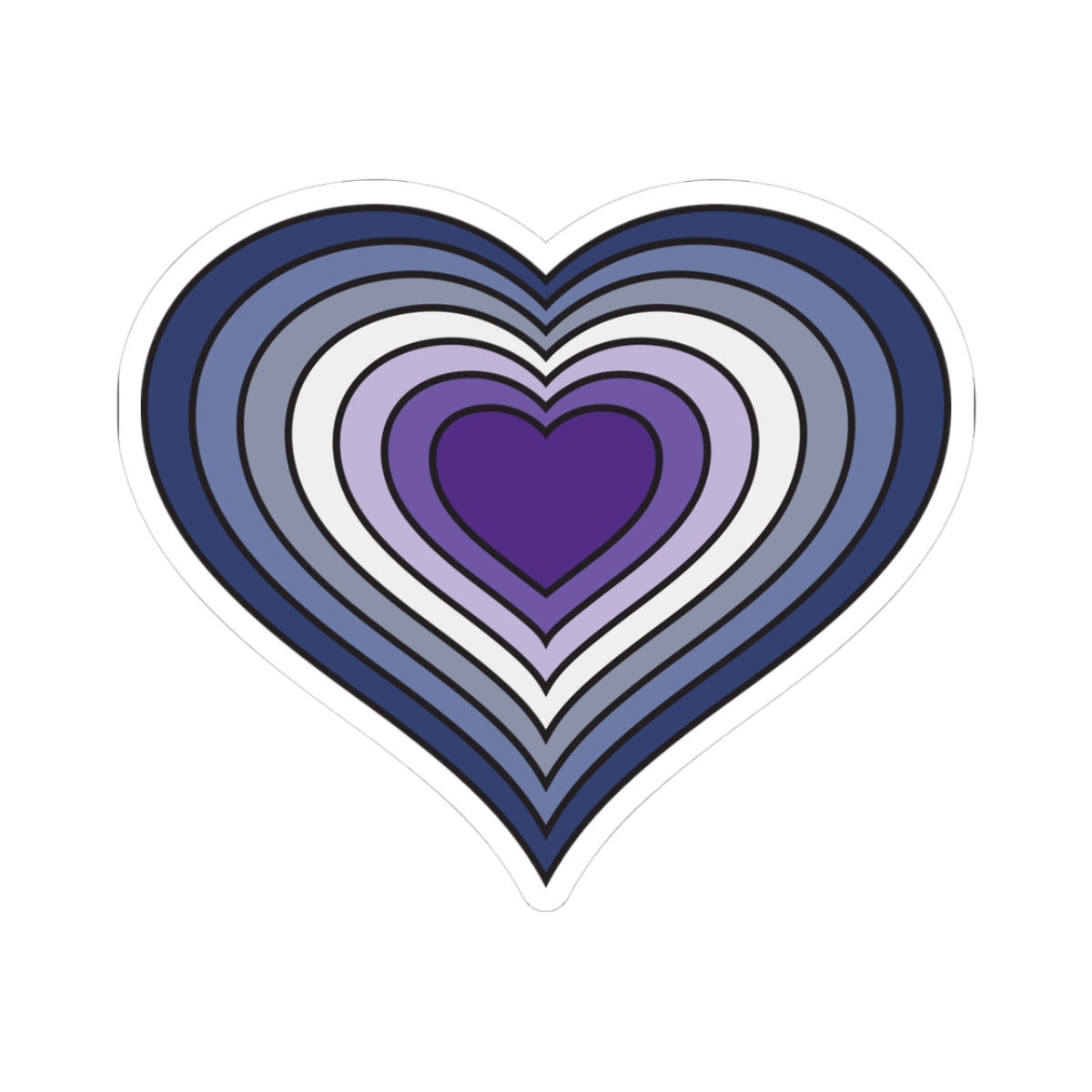 Heart‑shaped pride sticker featuring nested heart stripes inspired by the butch pride flag, outlined with a thin black border and surrounded by a white sticker border. The sticker is displayed on a white background.