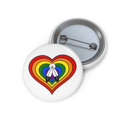 Front and back view of a white circular button with a heart-shaped two-spirit pride flag image. The button is shown on a white background.
