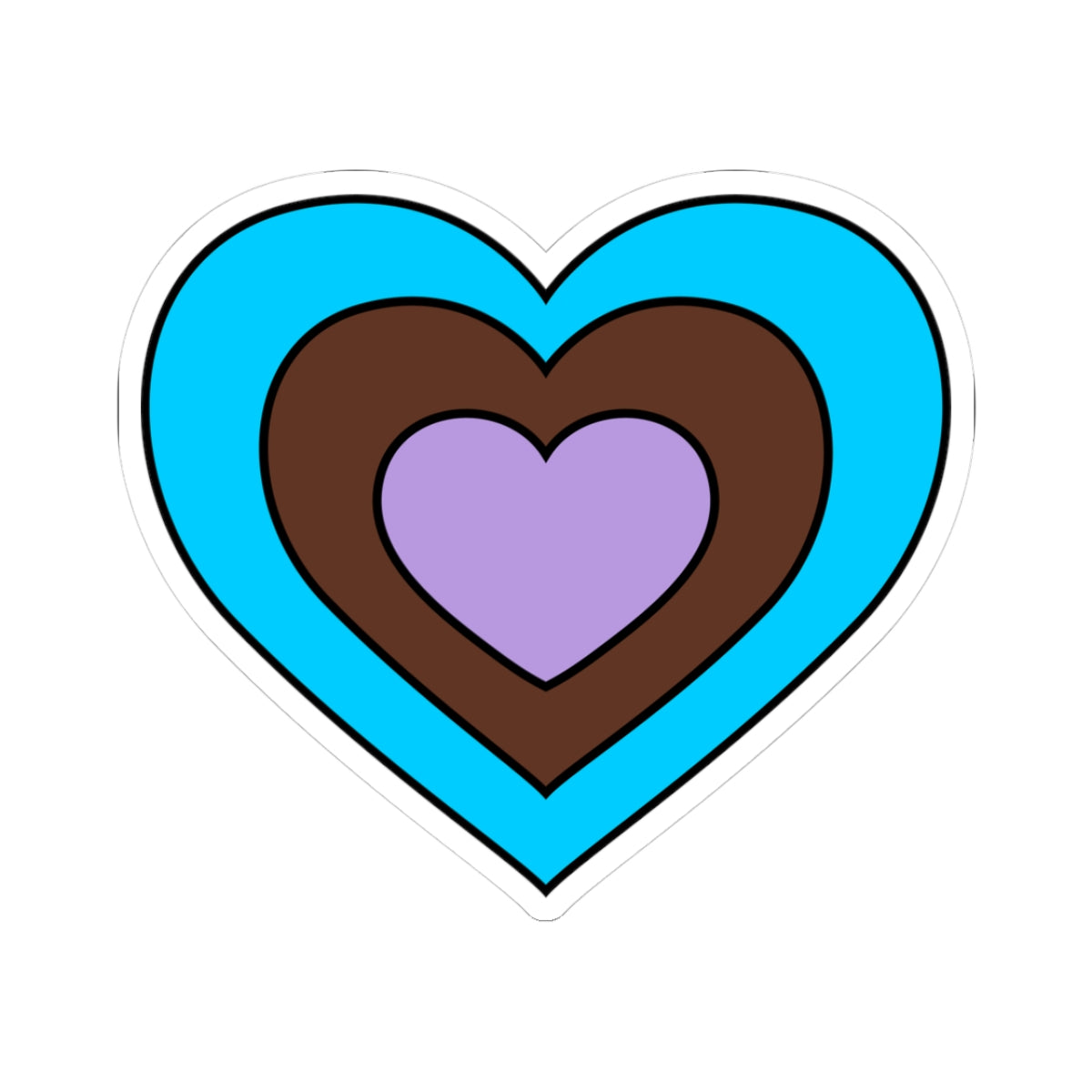 Heart-shaped androsexual pride flag sticker featuring nested heart stripes in shades of blue, outlined with a thin black border and a white sticker border. The sticker is shown on a white background.