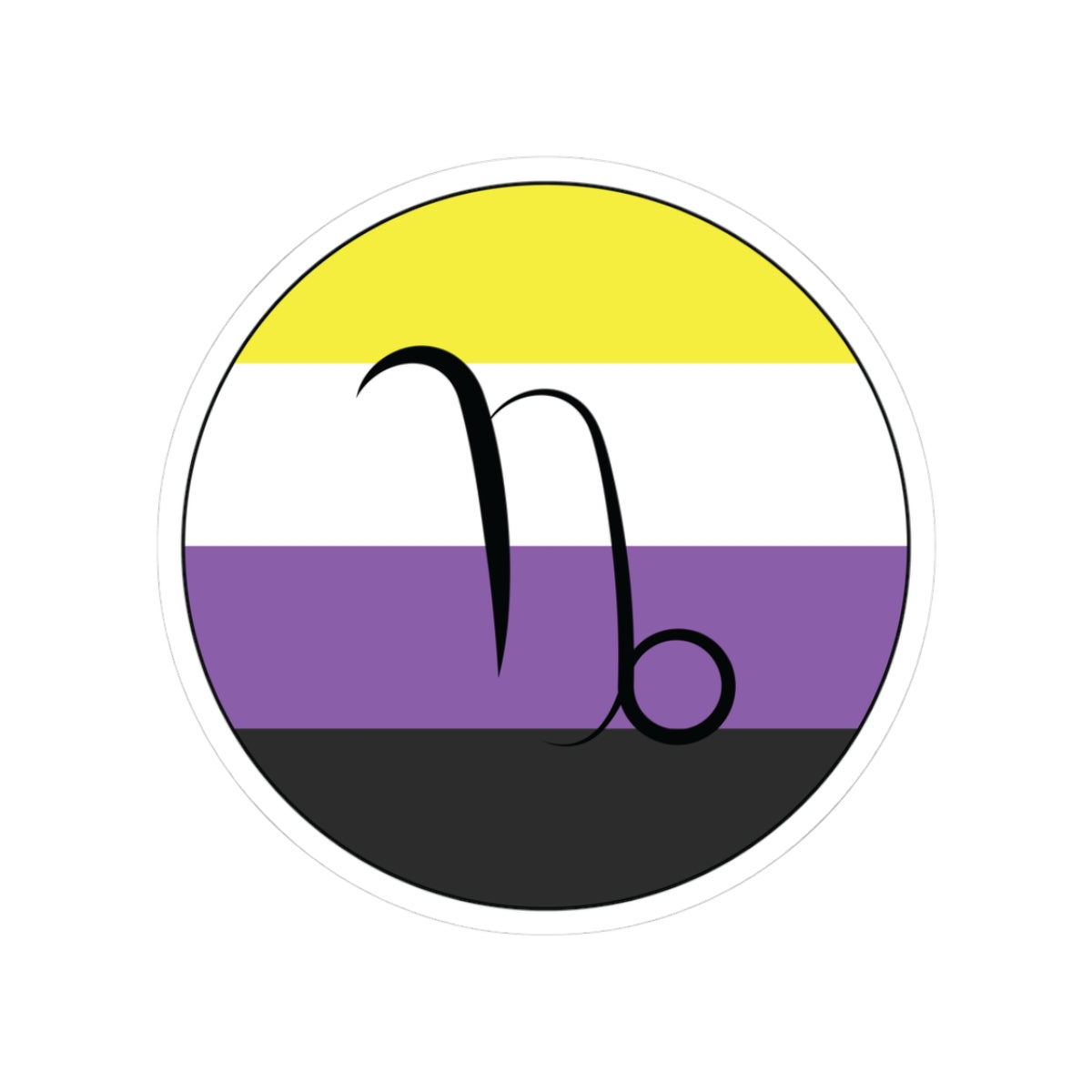 Circular nonbinary pride flag zodiac sticker with a thin black outline and white sticker border, featuring a centered black Capricorn zodiac glyph. The sticker is shown on a white background.