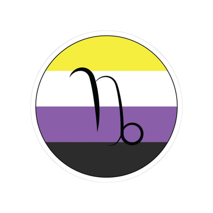 Circular nonbinary pride flag zodiac sticker with a thin black outline and white sticker border, featuring a centered black Capricorn zodiac glyph. The sticker is shown on a white background.