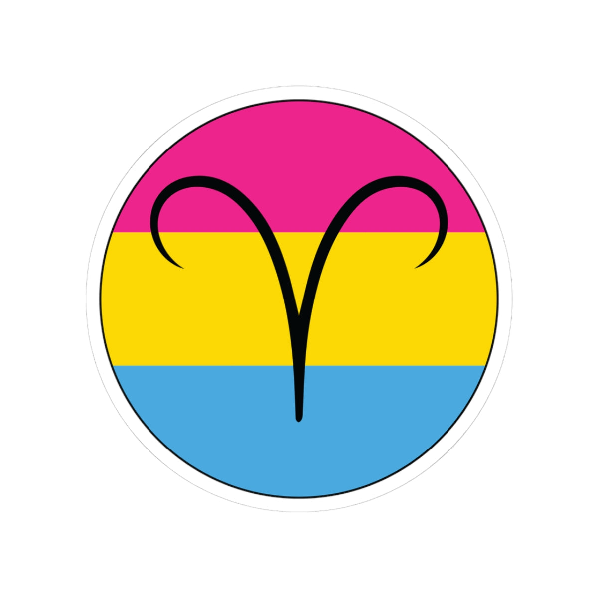 Circular pansexual pride flag zodiac sticker with a thin black outline and white sticker border, featuring a centered black Aries zodiac glyph. The sticker is shown on a white background.