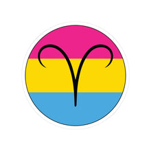 Circular pansexual pride flag zodiac sticker with a thin black outline and white sticker border, featuring a centered black Aries zodiac glyph. The sticker is shown on a white background.