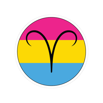 Circular pansexual pride flag zodiac sticker with a thin black outline and white sticker border, featuring a centered black Aries zodiac glyph. The sticker is shown on a white background.