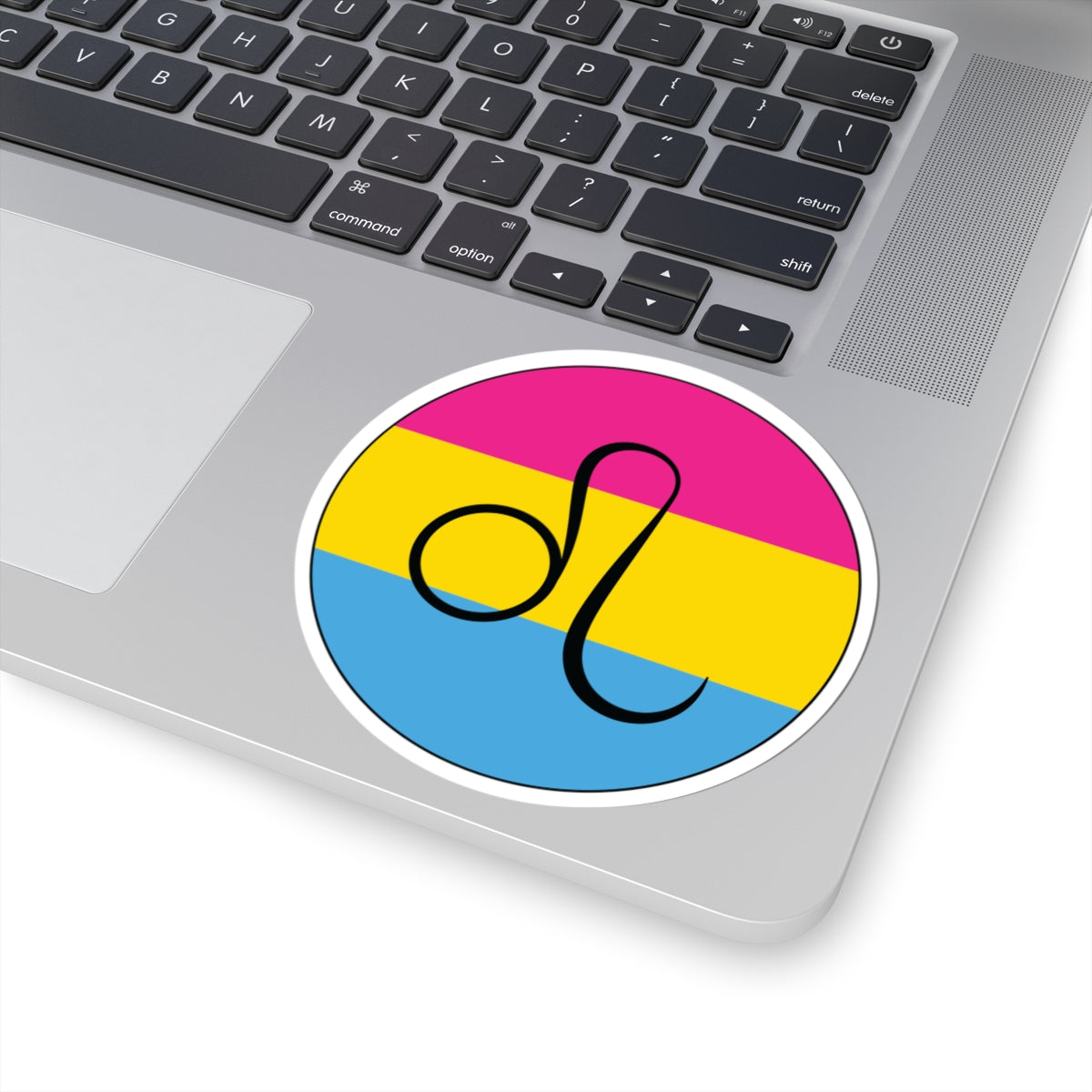Close-up of the bottom right corner of a silver laptop featuring a 4 inch by 4 inch circular zodiac sticker with a centered Leo glyph on a Pansexual pride flag style background applied to the surface.