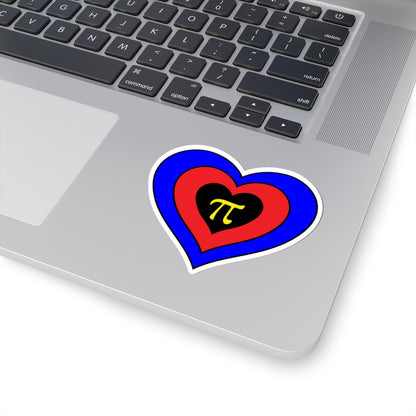 Close-up of the bottom right corner of a silver laptop featuring a 3 inch by 3 inch pride flag heart sticker in a Polyamory flag style applied to the surface.