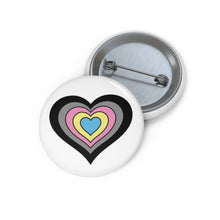 Front and back view of a white circular button with a heart-shaped polygender flag image. The button is shown on a white background.