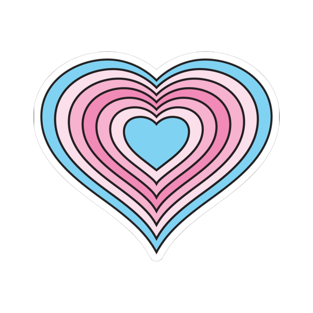 Heart-shaped transfeminine pride flag sticker featuring nested heart stripes in light blue, pale pink, light pink, pink, light pink, pale pink, and light blue, outlined with a thin black border and a white sticker border. The sticker is shown on a white background.