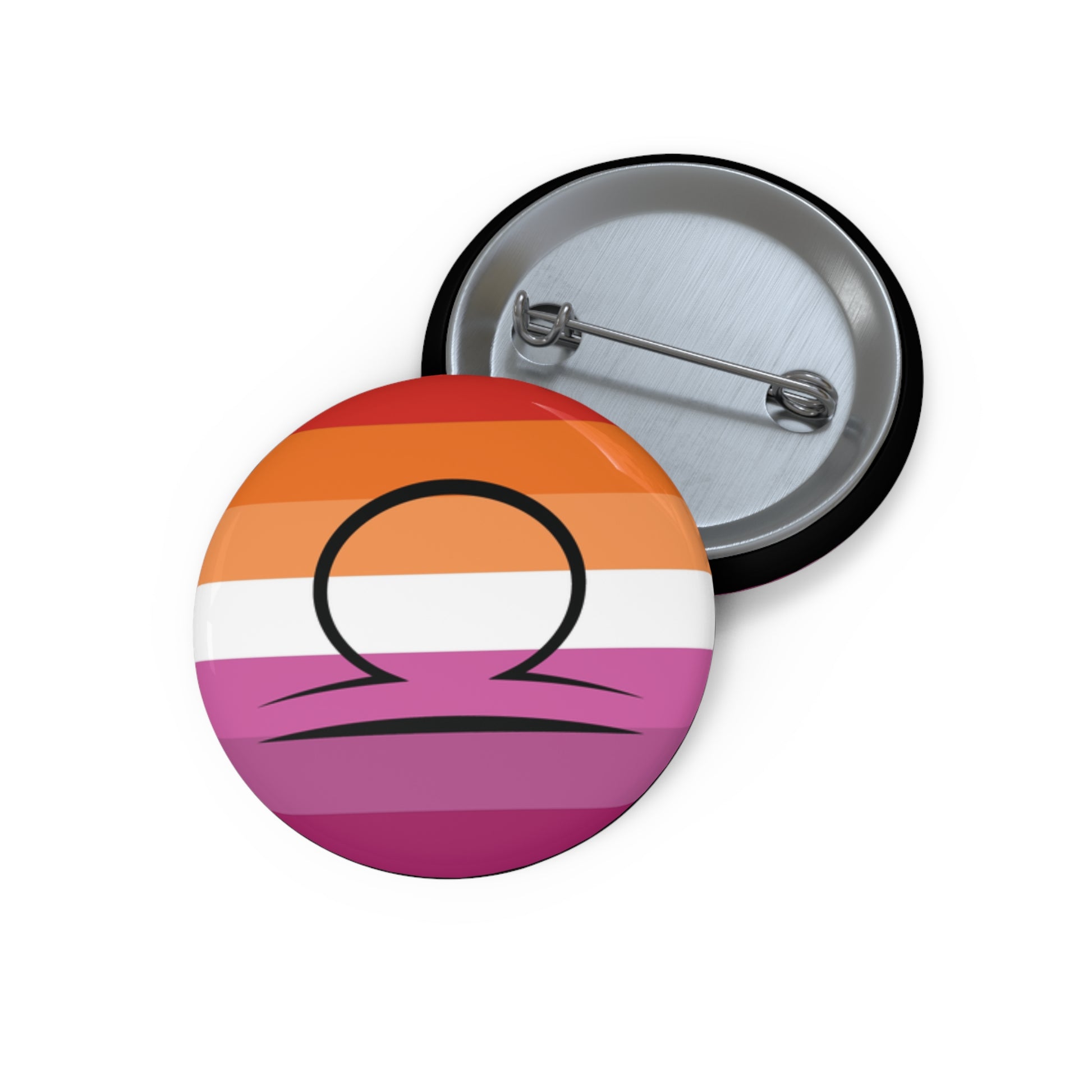 Front and back view of a circular lesbian pride flag button featuring the Libra zodiac symbol in black centered on the front.