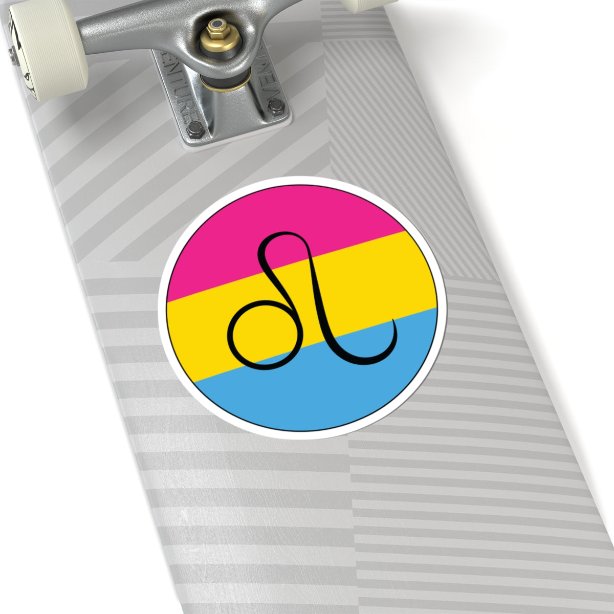 Close-up of the bottom right corner of a silver laptop featuring a 6 inch by 6 inch circular zodiac sticker with a centered Leo glyph on a Pansexual pride flag style background applied to the surface.