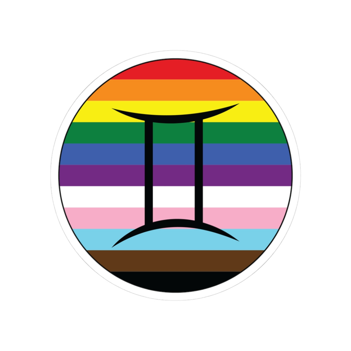 Circular progress pride flag zodiac sticker with a thin black outline and white sticker border, featuring a centered black Gemini zodiac glyph. The sticker is shown on a white background.