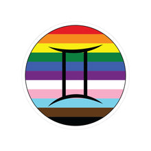 Circular progress pride flag zodiac sticker with a thin black outline and white sticker border, featuring a centered black Gemini zodiac glyph. The sticker is shown on a white background.