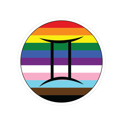 Circular progress pride flag zodiac sticker with a thin black outline and white sticker border, featuring a centered black Gemini zodiac glyph. The sticker is shown on a white background.