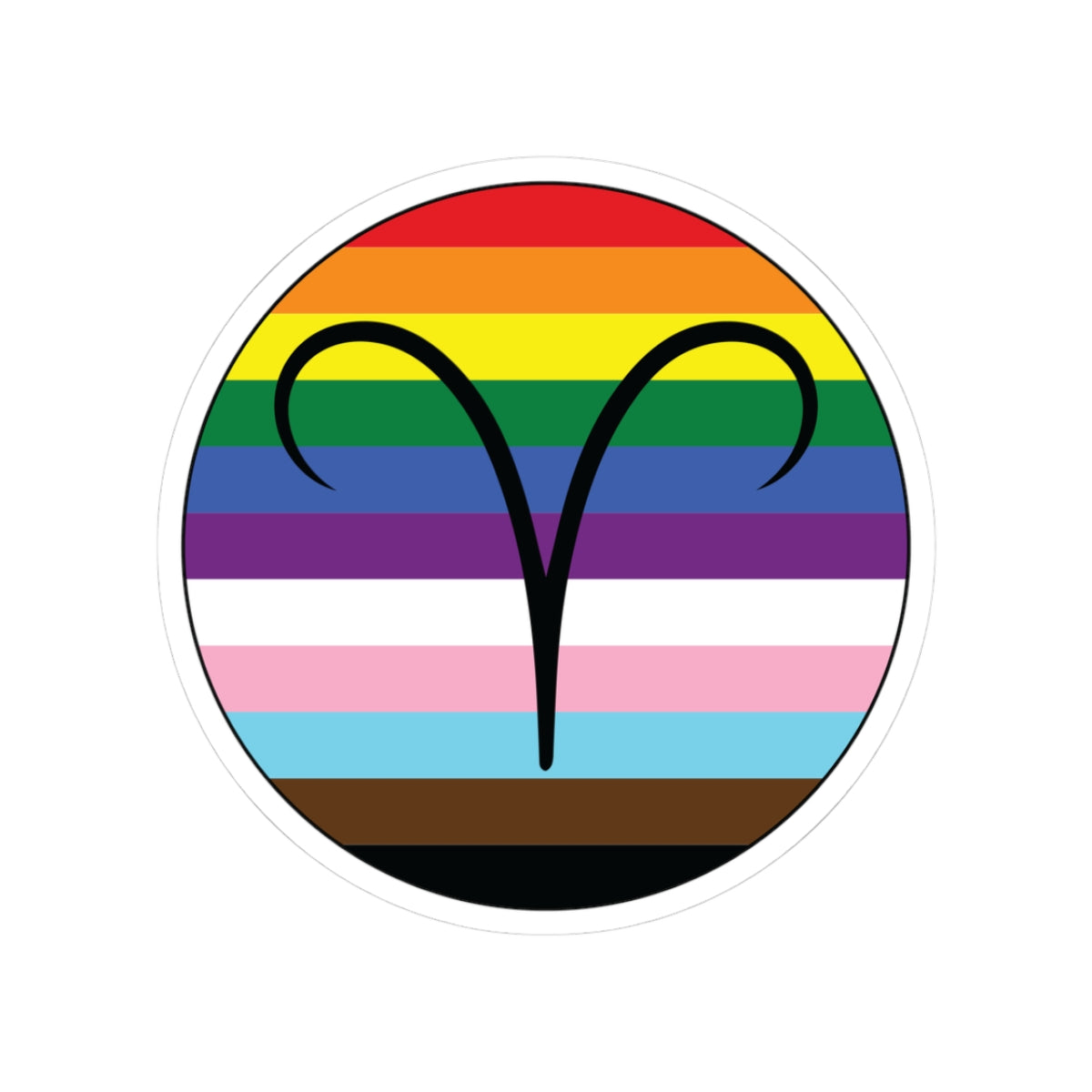 Circular progress pride flag zodiac sticker with a thin black outline and white sticker border, featuring a centered black Aries zodiac glyph. The sticker is shown on a white background.